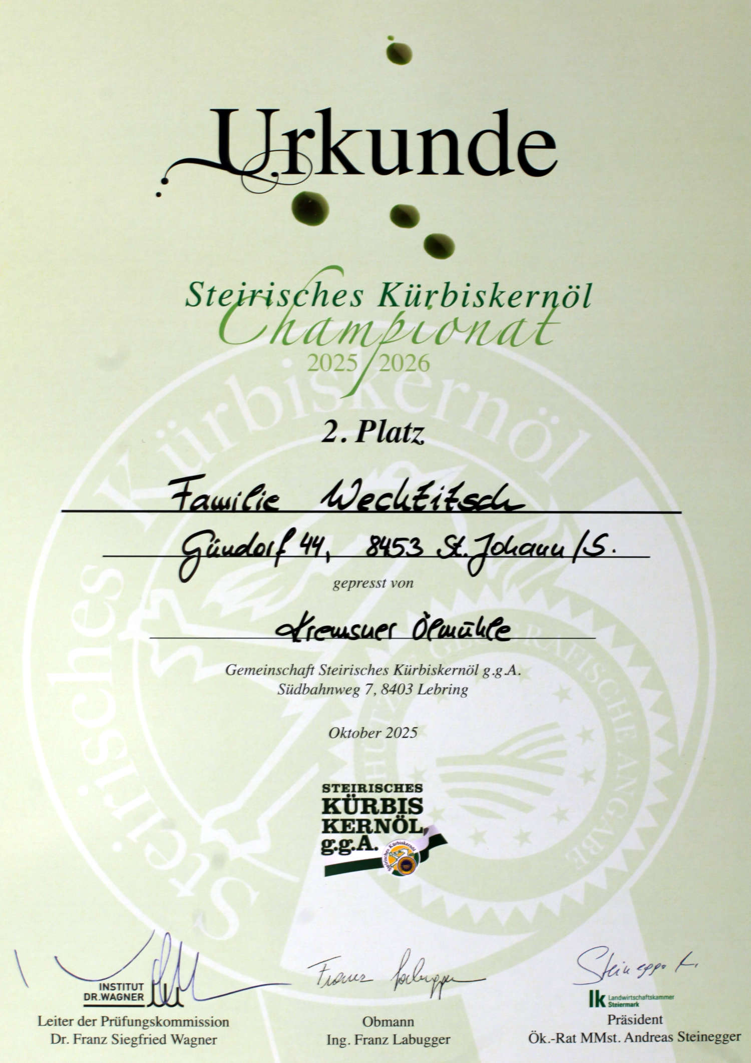 2. Platz beim Steirischen Kürbiskernöl Championat 2025/2026 für Familie Wechtitsch